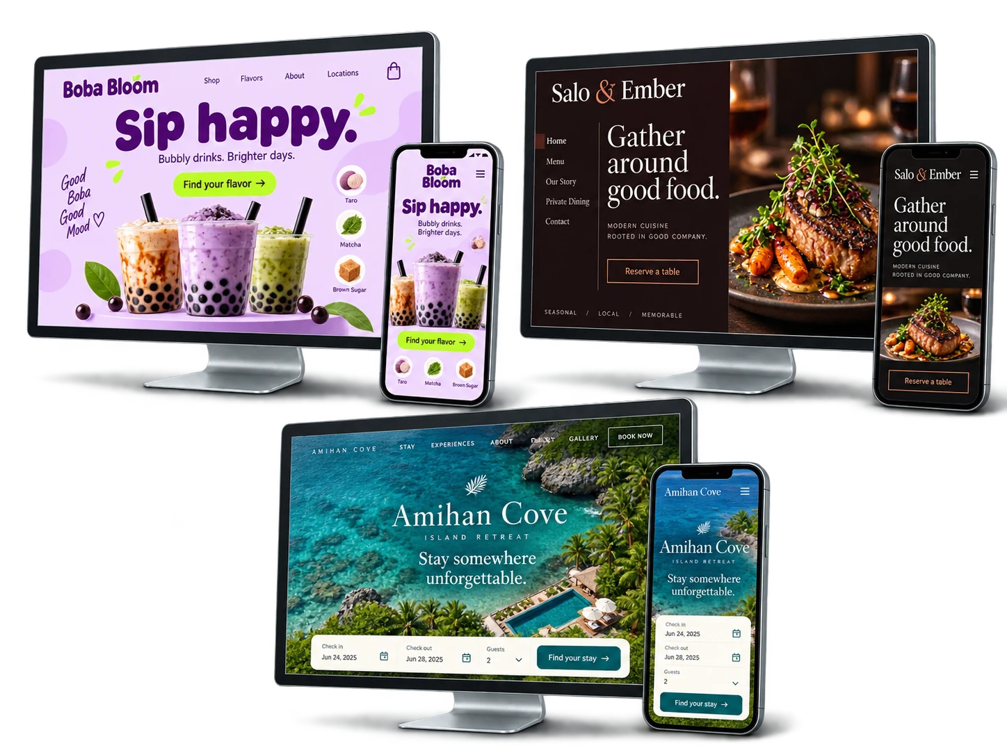 Three fictional brands with distinct website designs: Boba Bloom milk tea in playful lilac, Salo & Ember restaurant in dark charcoal, and Amihan Cove resort with coastal photography, each on a desktop computer and matching phone